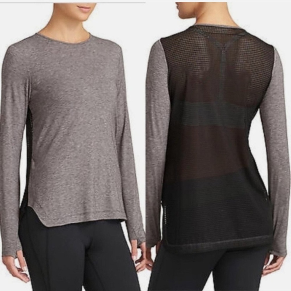 Derek Lam 10C Athleta Top Sz M Grey Black Mesh Back Long Sleeve Lightweight